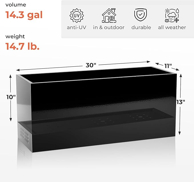 Worth Metal Planter Box with Insert Plate &amp Drain Holes Indoor or Outdoor Use No Assembly Required 30 x 11 x 13 14.3 Gallons Glossy Black
