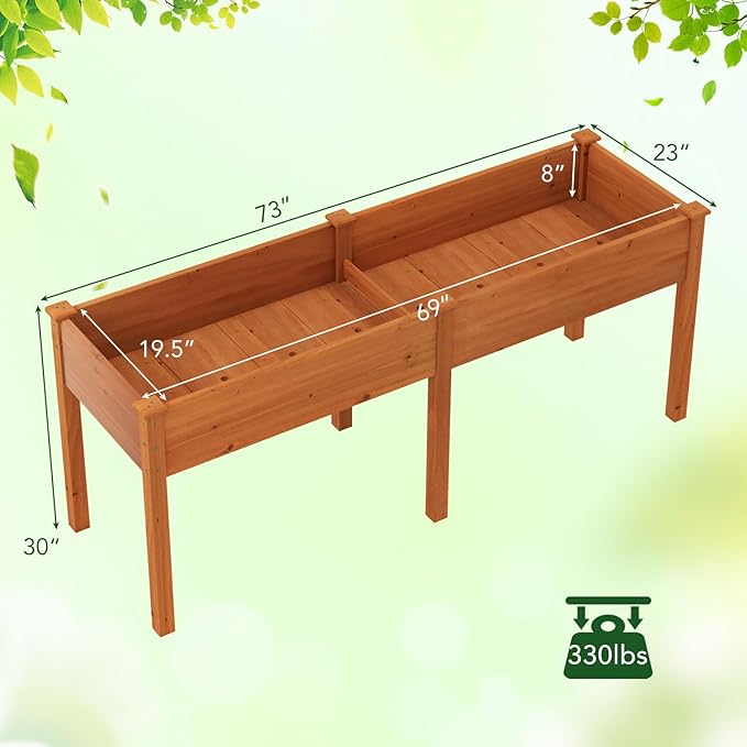 Raised Garden Bed with Legs Elevated Planter Box with Divider &amp 8 Drainage Holes Fir Wood Garden Box for Vegetables Flowers Fruits &amp Herbs (Brown Yellow)