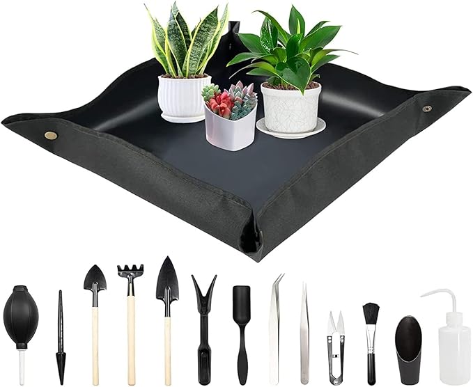 13 Pieces Succulent Plant Tools Mini Hand Garden Tools with Transplanting Tarp Hand Tools Set for Indoor Miniature Fairy Garden Plant Care (Color : Black Size : 100 * 100cm)