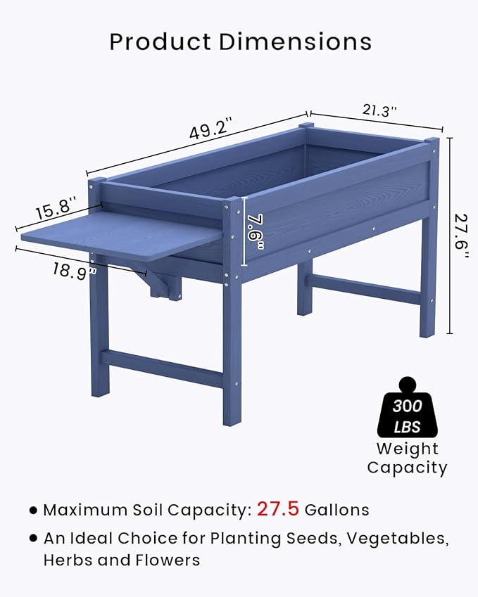 HDPE Raised Garden Bed with Legs 49x21x27in All-Weather Heavy Duty Planter Box Outdoor Elevated Garden Bed for Seeds Herb Flower Vegetable (Navy Blue)