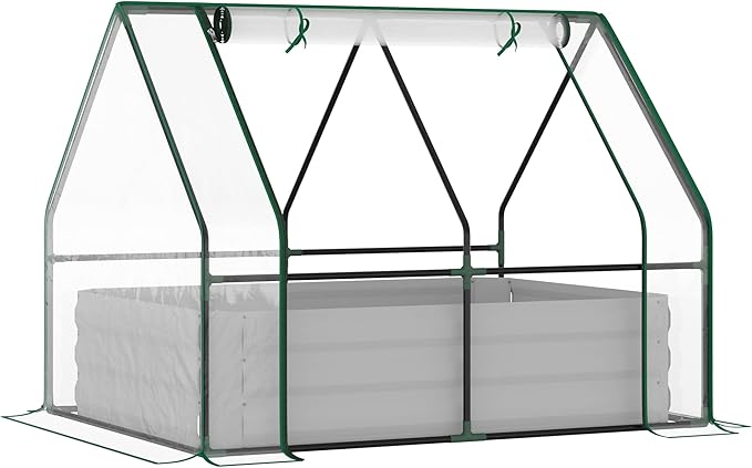 4' x 3' Galvanized Raised Garden Bed with Mini PVC Greenhouse Cover Outdoor Metal Planter Box with 2 Roll Up Windows for Growing Flowers Fruits Vegetables and Herbs Clear
