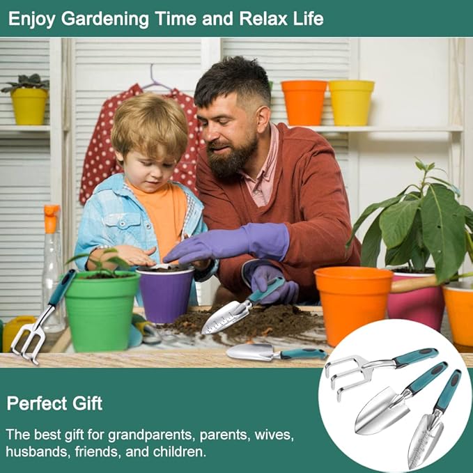 FANHAO Garden Tools Set 3 Piece Heavy Duty Gardening Tools Cast Aluminum with Soft Rubberized Non-Slip Handle Durable Garden Hand Tools Garden Gifts for Men Women