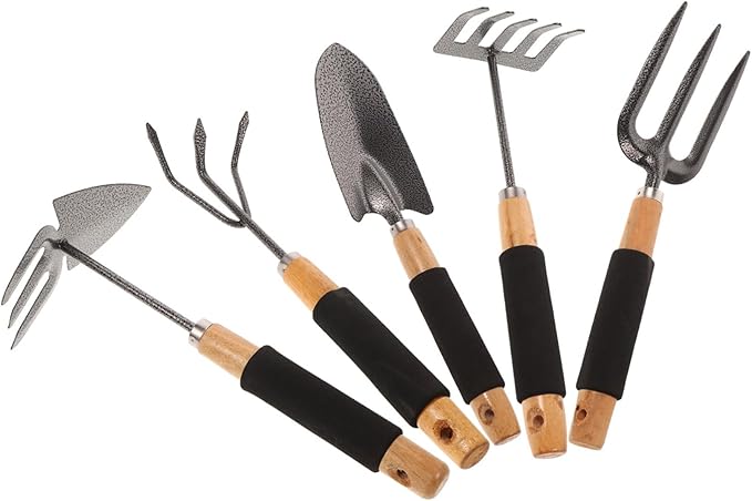 POPETPOP Professional Garden Tool Set 5-Piece Kit Shovel Rake and Spade for Excavation Weeding