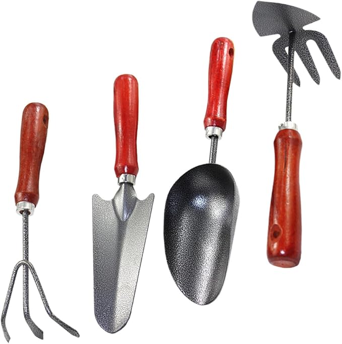 DECHOUS Garden Shovel and Spade Tool Set 4pcs Mini Metal Gardening Trowels with Extended Narrow Shovel Three-Prong Rake Dual-use Hoe and Soil Scoop for Planting and Flower Pots