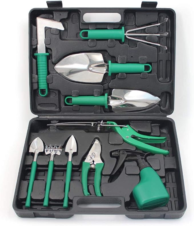 SONGWAY 11 Pieces Garden Tool Set - Garden Tool Kit with Storage Case Aluminum Gardening Set Gardening Gift for Women Men Green