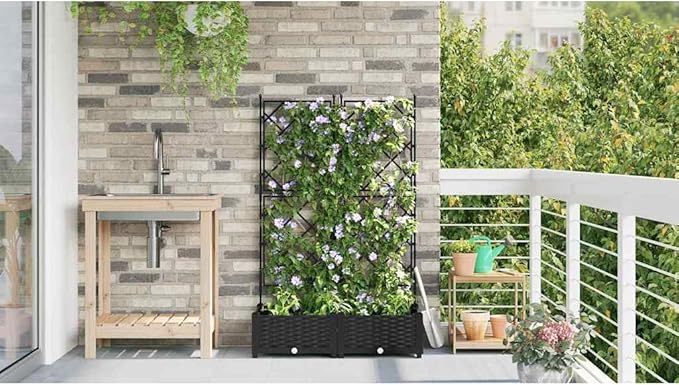 Garden Planter with Trellis 2 Pcs Black 80x40x125.5 cm PP UV Resistant Raised Garden Bed for Outdoor Plants Patio Deck