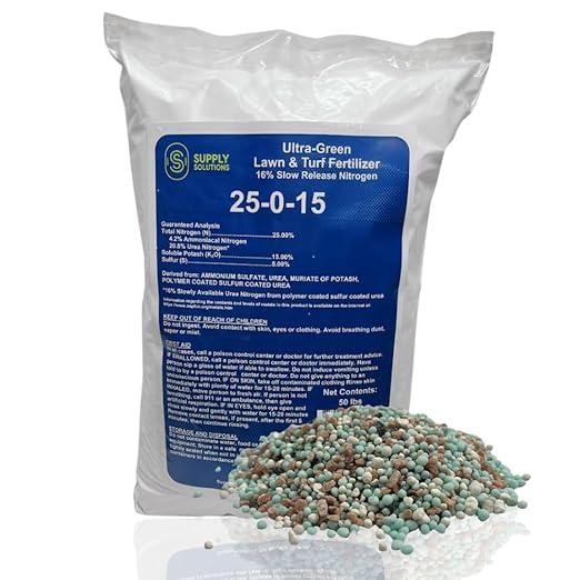 Supply Solutions 25-0-15 Ultra Green Lawn and Turf Fertilizer - 16% Slow Release Nitrogen - Promotes Lush Green Lawns and Strong Root Growth Reduces Mowing Frequency (50 Pounds)