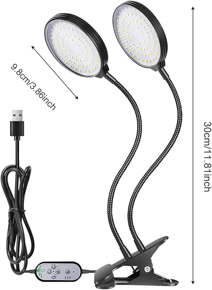 USB Plant Grow Light 234 LEDs Full Sunlight with 5 Adjustable Brightness Levels 3 Heads Black Desktop Clamp Lamp - Timer Controlled 360° Flexible Ideal for Indoor Plants and (2 Heads)