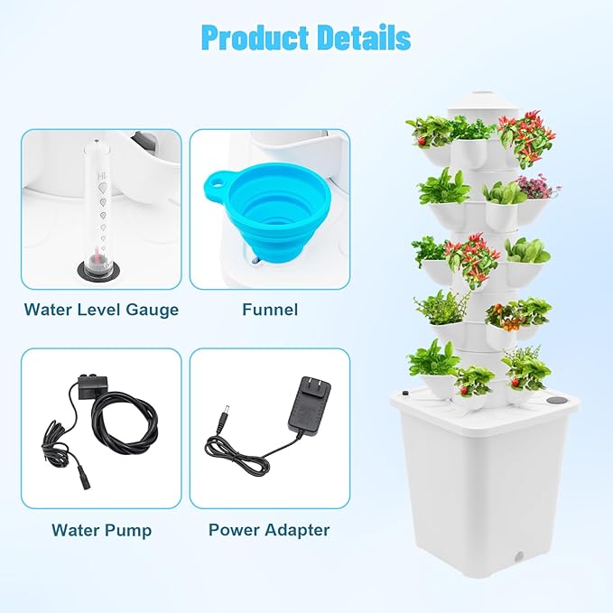 ZAIHW 25-Plant Vertical Tower Garden System Indoor Hydroponic Growing Kit with Pump Funnel &amp Water Level Gauge Vertical Vegetable Planter for Gardening Enthusiasts (White)
