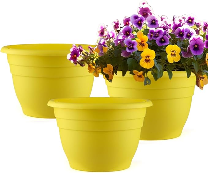 3 Pack 11 Inch Plant Pots for Indoor OutdoorPlastic Floor Planters with Drainage HolesLightweight Flower Pots for HomePatio &amp Garden(Yellow)