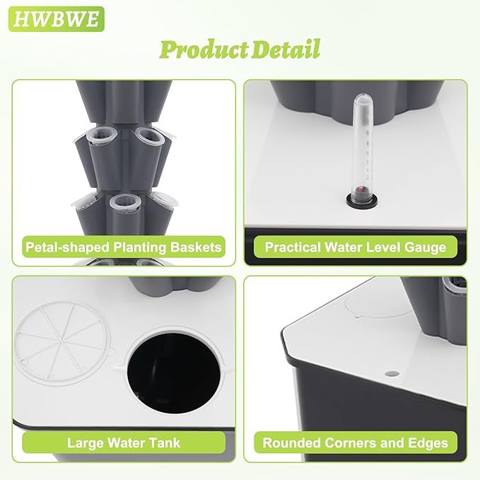 50 Pots Hydroponics Tower 8 Tiers Hydroponics Growing System Tower Vertical Tower Planter Pump Tower with Water Tank Irrigation Pump and Movable Water Tank for Hydroponic Gardening Lovers (Grey)
