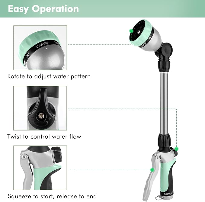 RESTMO Metal Watering Wand Heavy Duty Garden Hose Wand with 180° Swivel Ratcheting Head 16'' Hose Nozzle Sprayer with 7 Spray Patterns and Flow Control for Water Hanging Baskets and Shrubs Cyan