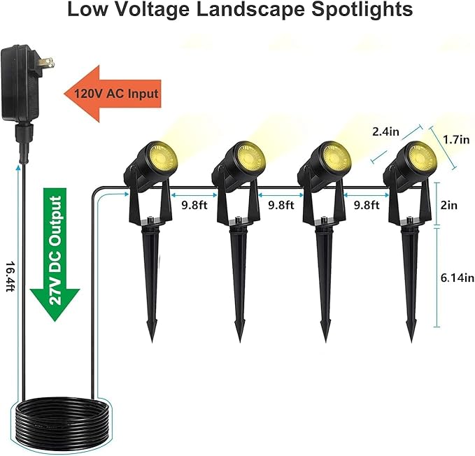 SUNTHIN 4 Pack Warm White Landscape Lighting with 2pcs 6.5FT Extension Cord for Outdoor Extend The Illumination Range