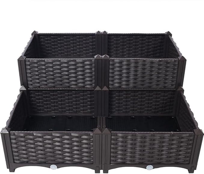4 Piece Raised Garden Bed Self-Watering Planter Box Raised Bed with Legs and Drainage Holes Flower Vegetable Standing Planter Box for Outdoor Indoor Plants Herbs and Flowers (Black)
