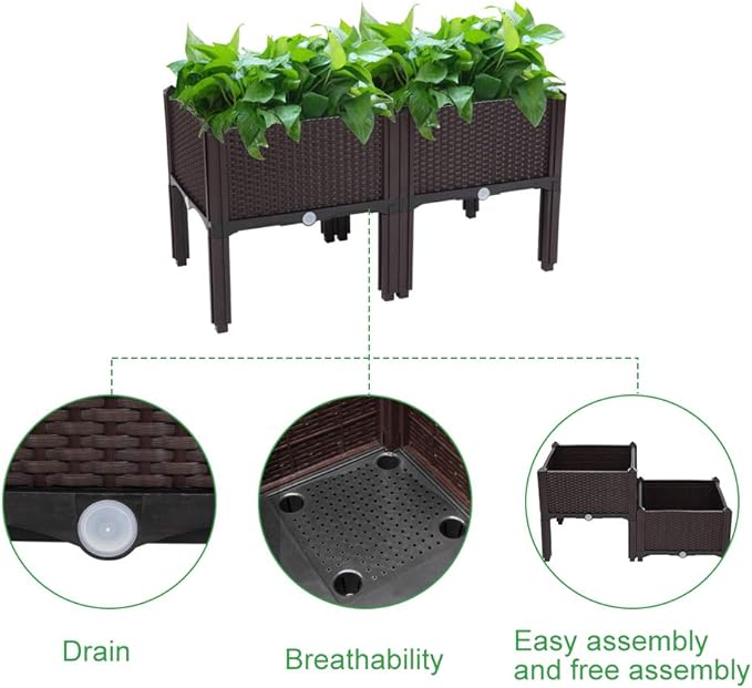 Planting Box Stand on Legs Set of 2 - Raised Garden Bed for Flowers/Vegetables/Herbs in Backyard/Patio Outdoor - Frame Ground Type (Brown)