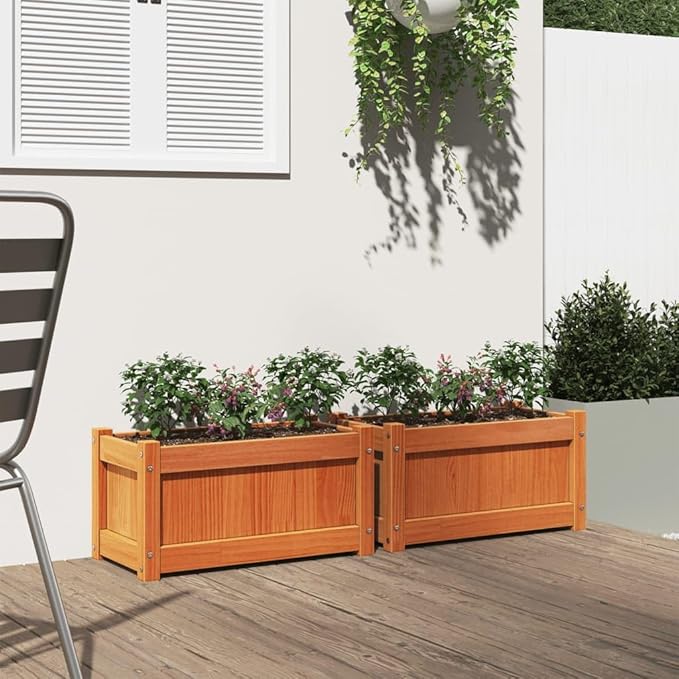 Wax Brown Solid Pine Wood Garden Planter Set of 2 Rectangular Raised Garden Bed for Outdoor Plants 23.6 x 23.6 x 12.2 Inch