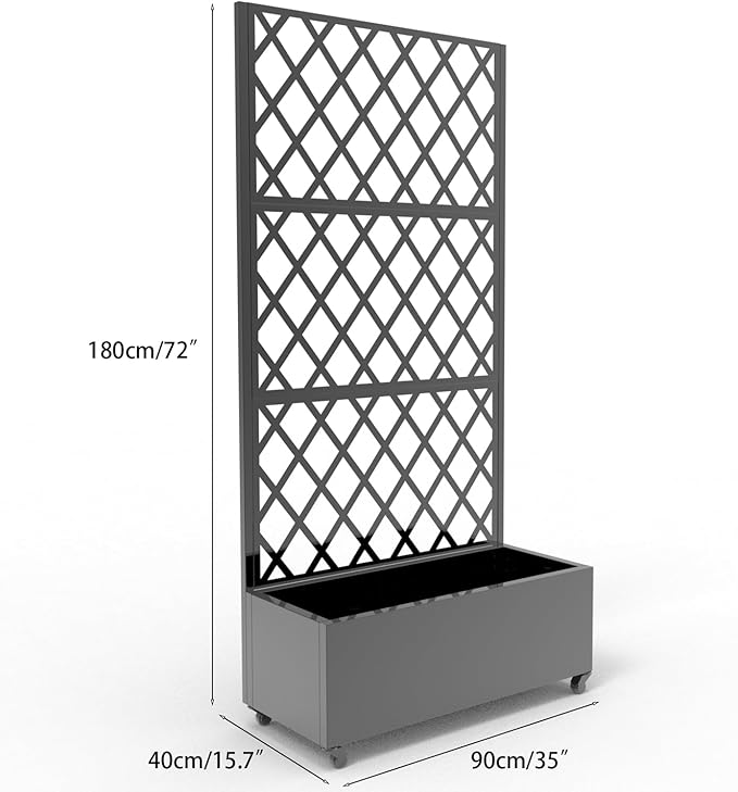 Metal Planter Box with Diamond Lattice Trellis - 72x35 Galvanized Raised Garden Bed on Wheels for Climbing Plants and Vines Black Finish