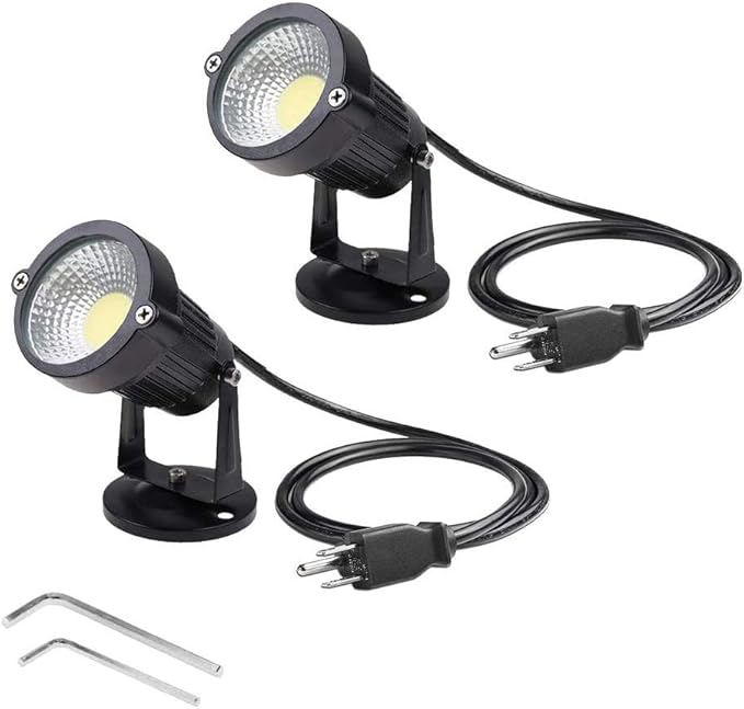 Bright Outdoor Wall Mount Spotlight 5W COB Garden Yard Path Landscape Lighting Decorative Walls Trees Flags Lamp with Round Base and Power Plug Pack of 2 (Cool White)