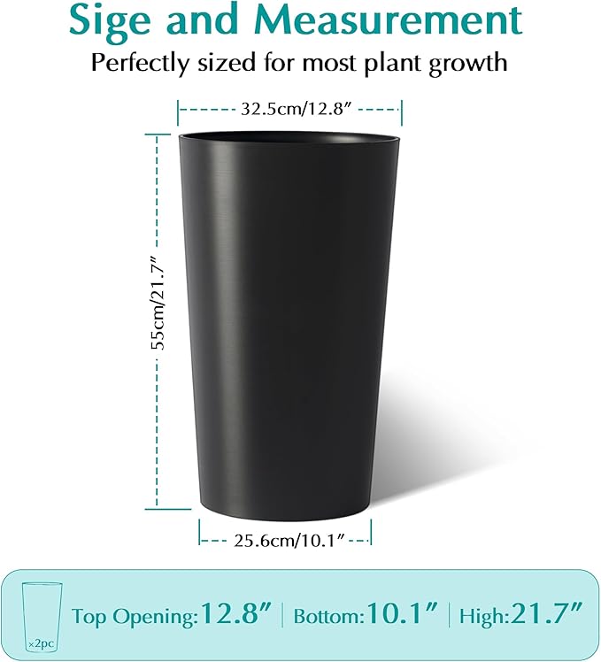2 Pack Tall 21.7 in for Outdoor Plants Tall Square Planter Box Indoor Outdoor Porch Patio Flower Pot Big Tapered Matte Tree Flower Pot for Garden (Black)