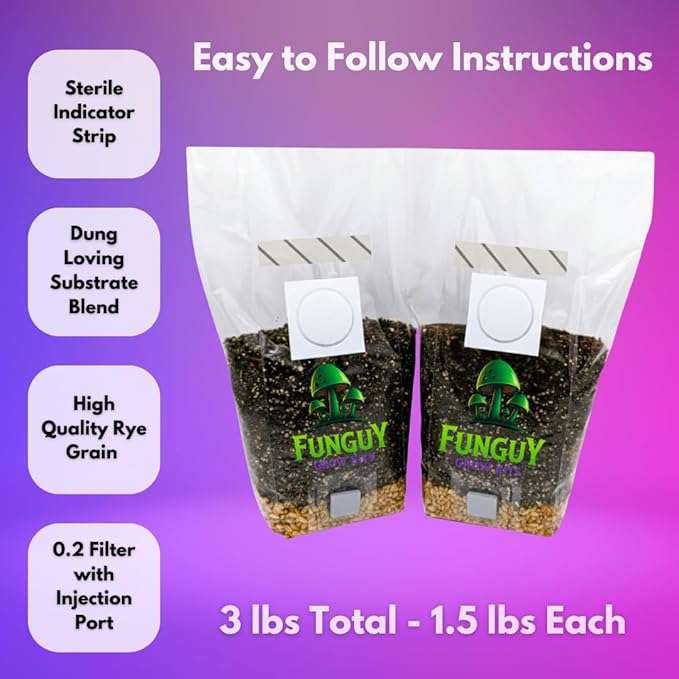 2- PACK All-in-One Growing Kit in a bag Mushroom Grow Bag with Sterilized Rye Grain and Dung Loving Substrate Spores Not Included So Easy It's Like Magic. Brown