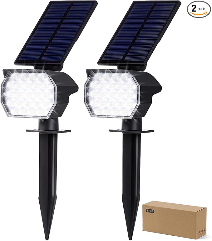 23 LED Solar Spot Lights Outdoor Waterproof 2 Pack Solar Lights UP to 20Hrs 3 Brightness Levels Spotlight Landscape Lighting Auto ON/Off Outdoor Solar Lights for Yard Garden Lawn (Cool White)