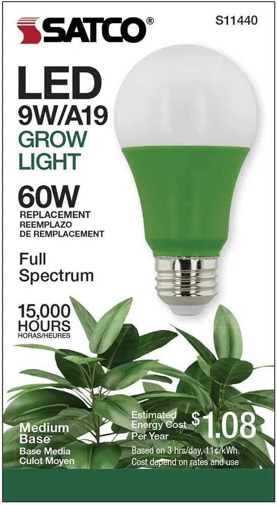 Satco S11440 9 Watts A19 LED Full Spectrum Plant Grow Lamp Medium Base 120 Volt Help Grow Ornament Plants and Succulents for Wet Rated Locations Green (12 LED Light Bulbs)