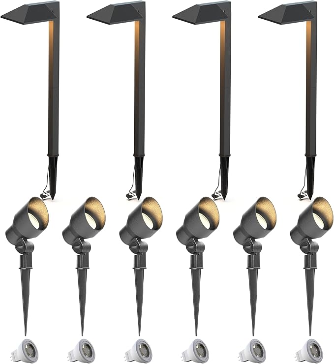 VENUS MANUFACTURING 10PK Low Voltage Landscape Lights Kits with 6 Pack Black 3Watt 200 Lumen LED Spotlight 12V Floodlights &amp 4 Pack 1.2Watt Outdoor Pathway Lighting for Sidewalk Walkway Black Ligh