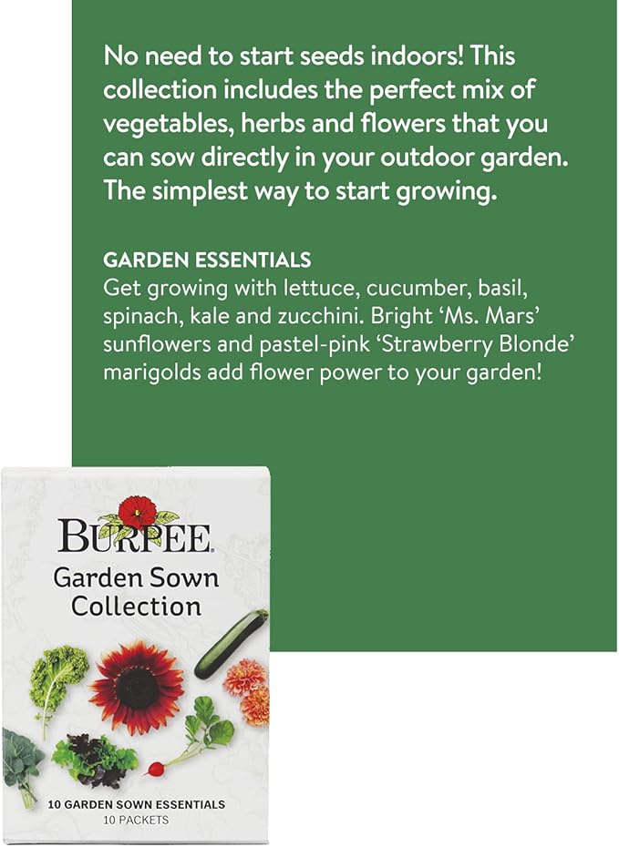 Burpee Garden Sown Flower Herb &amp Vegetable 10 Packs of Non-GMO Basil Lettuce Cucumber Radish Spinach Kale Zucchini Sunflower &amp Marigold Seeds for Planting