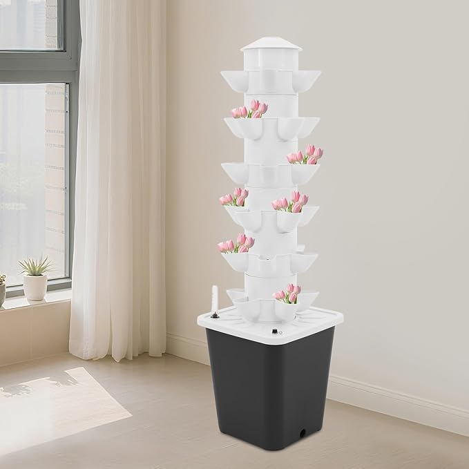 Hydroponic Grow Tower 6-Tier 30-Hole Garden Hydroponic Growing Kit White PP 63.4gal/h Pump 2.64gal Tank for Vegetables Herbs Strawberries