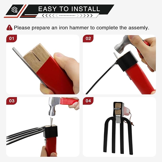 4-Pcs Gardening Tool Set – Pick Axe Hoe Hand Tiller &amp Garden Rake with 10.6 Wooden Handles DIY Assembly Required Garden Tools for Digging Soil Loosening Weeding &amp Cultivating