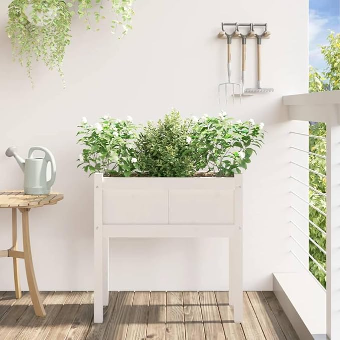 27.6 inch Rustic White Pine Wood Large Outdoor Planter Elevated Garden Box for Patios Balconies &amp Raised Flower Bed Use Solid Wooden Trough with Drainage