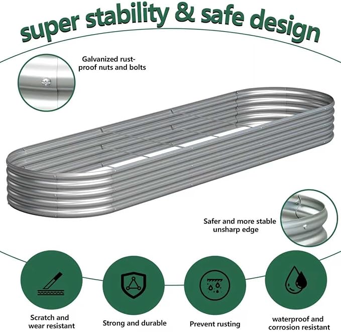 2PCS 12x2x1FT Galvanized Raised Garden Bed KitVegetable Boxes-Oval Metal Flower BoxLarge Planter Raised Beds Outdoor Garden for PlantingFruitHerb-Silver
