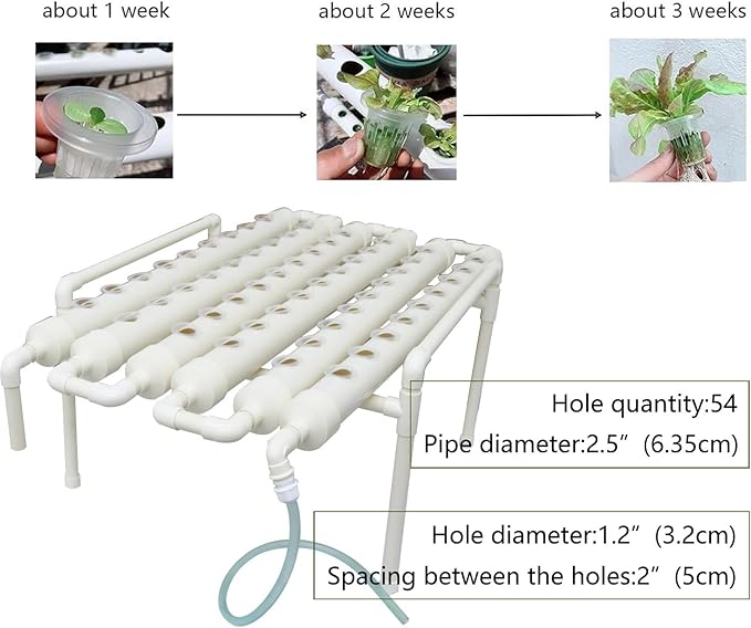 INTBUYING Hydroponics Growing System 54 Holes 6 Pipes 1 Layer Plant Site Grow Kit Hydroponic Gardending System Horizontal with Water Pump Nest Basket and Sponge