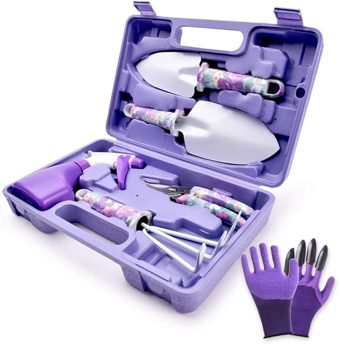 6 Pieces Garden Tools Set Planting Tools Non-Slip Handle with Anti-Rust Trowel Cultivator Pruning Shear Water Sprayer and Carrying Case Gloves with Claws