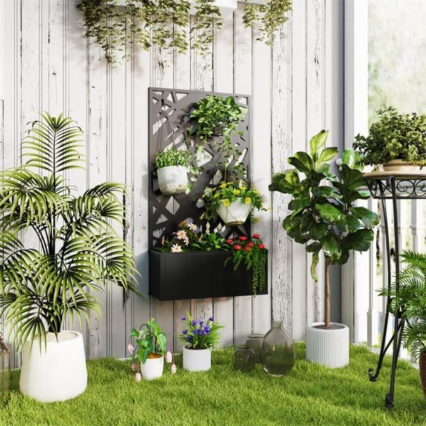 Metal Raised Garden Bed with Trellis Galvanized Planter Metal Planter Box with Trellis 24 L x 9.1 W x 44.5 H (Diamond Check)