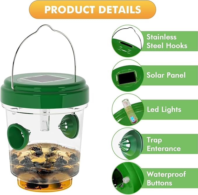 Wasp Traps for Hunting Wasps Bees Hornets Insects Yellow Jacket Traps Wasp Trap Catcher Reusable Solar Powered Hanging for Outdoor 4 Packs