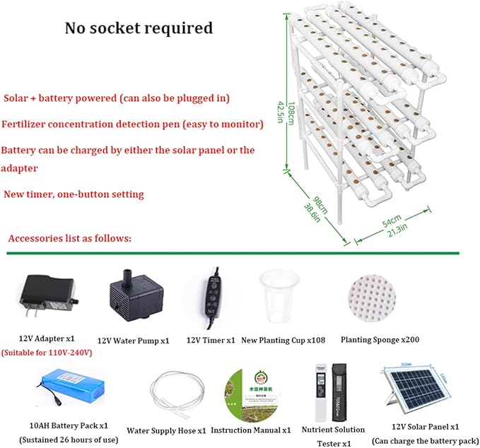 Hydroponics Growing System KitBalcony-Type Hydroponic Vegetable Growing MachinePVC Plant Sites with 108 Plant SitesGardening System Grow Kit with Water Pump Timerfor VegetablesFruitsHerbC