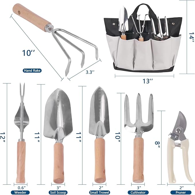Garden Tool Set Stainless Steel Gardening Kit with Large Capacity Garden Tool Bag Outdoor Hand Tools Black Grey Garden Tool Kit for Women and Men