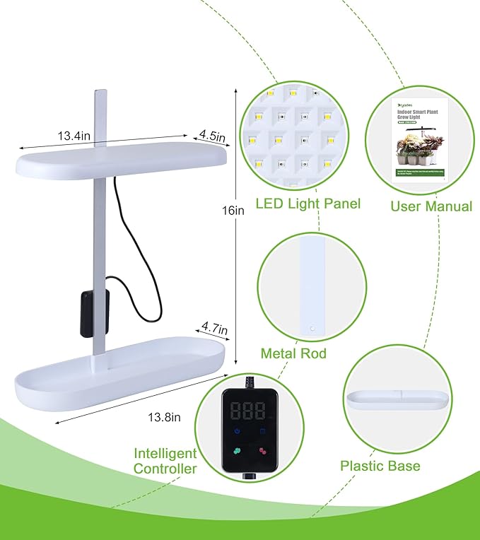 Grow Lights for Indoor Plants 20W Full Spectrum LED Grow Lamp for Indoor Garden with Intelligent Controller Height Adjustable Ideal for Home Desk Plant Lighting (White ABS Base)