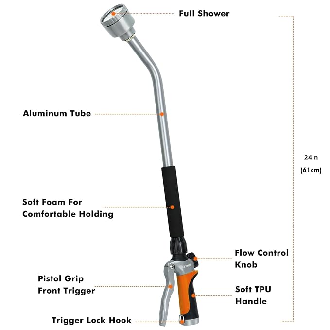 RESTMO Long Watering Wand 24 Inches Gentle Soft Full Shower Sprayer Wand with Flow Control Heavy Duty Metal Hose Wand for Hanging Baskets Shrubs Plants Flowers Garden and Lawn Orange