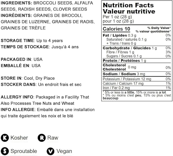 Food to Live - Salad Mix of Sprouting Seeds 3 Pounds Broccoli Clover Radish Alfalfa Kosher Raw Vegan