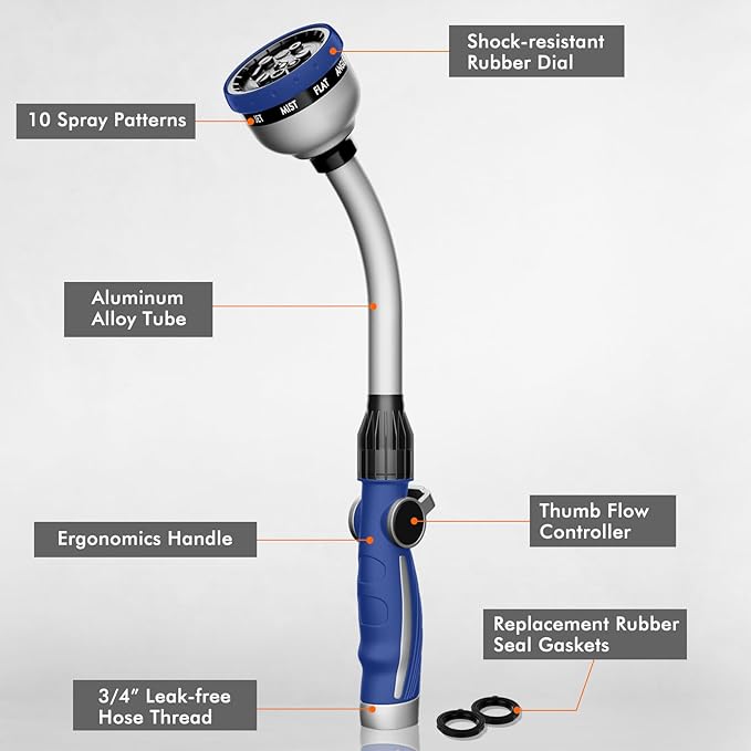 RESTMO Watering Wand Heavy Duty Metal Garden Hose Wand with 10 Spray Patterns 15-Inch Long Hose Nozzle Sprayer with Thumb Flow Control Ideal to Water Hanging Baskets and Shrubs Blue