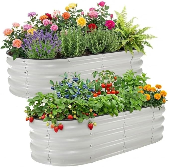 4x2x1ft Galvanized Raised Garden Bed Kit Metal Raised Garden Bed for Vegetables Flowers &amp Herbs Oval Planter Box with Open-Ended Base Large Outdoor Garden Bed for Backyard Patio White