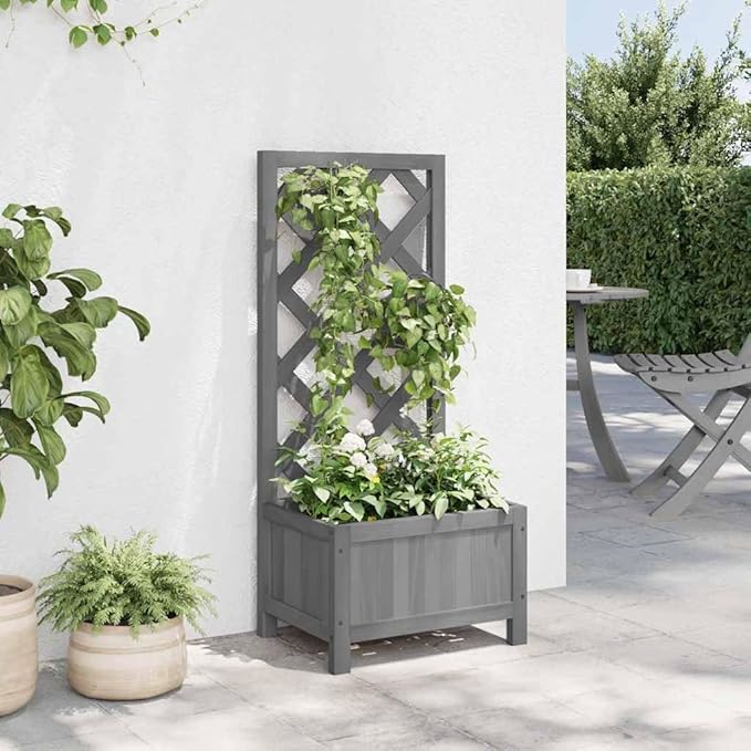 Grey Solid Fir Wood Rectangular Planter with Trellis 11.8 x 15.7 x 35.4 in for Outdoor Plants Garden Patio Balcony Raised Garden Bed