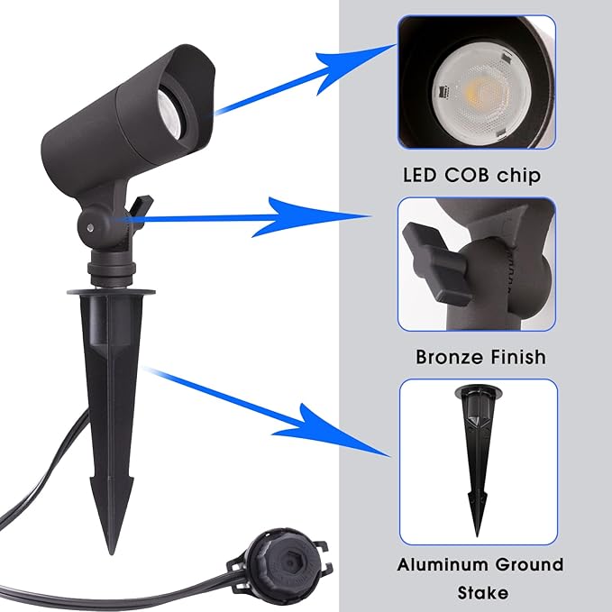 E ENERGETIC LIGHTING LED Landscape Lights with Connectors 12V Low Voltage Warm White 3000k 4W 175LM Outdoor Waterproof Garden Pathway Lights Wall Tree Flag Spotlights with Spike Stand 2 Pack