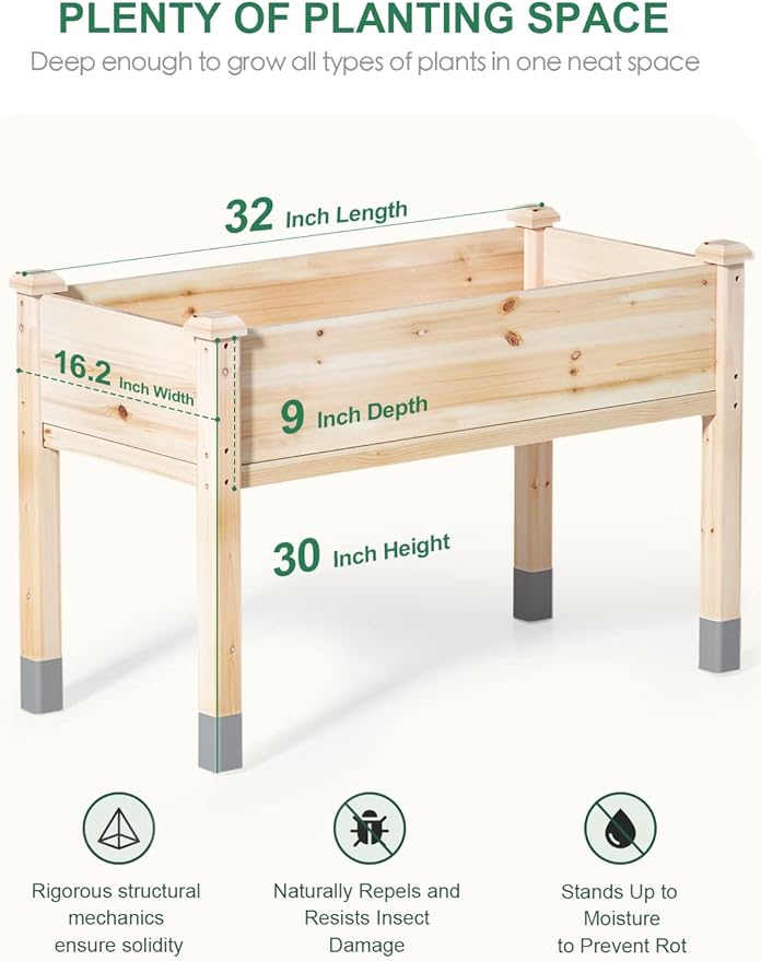 MIXC Wooden Raised Garden Bed with Legs 32”L X 16”W Elevated Reinforced Large Planter Box for Vegetable Flower Herb Outdoors - Beam and Column Structure - Unmatched Strength Outlast