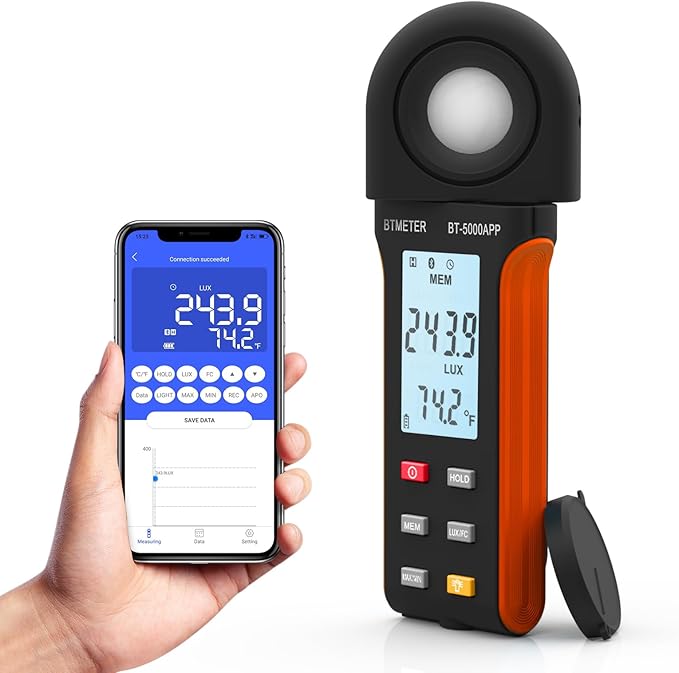 BTMETER Illuminance Light Meter w/Bluetooth - Digital Lumen Tester Measure Lighting Level Intensity 1~400000 Lux(Foot Candle 1~37160) Luxometer with 270º Rotated Sensor Data Logging for Plants Grow