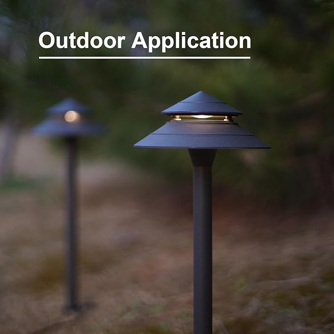 GOODSMANN Landscape Lighting 2PK Landscape Floodlights Spotlights 3W LED 200 Lumen with 2PK 3W LED 180 Lumen Hardwired 2 Tier Pagoda Path Lights 3000K Warm White