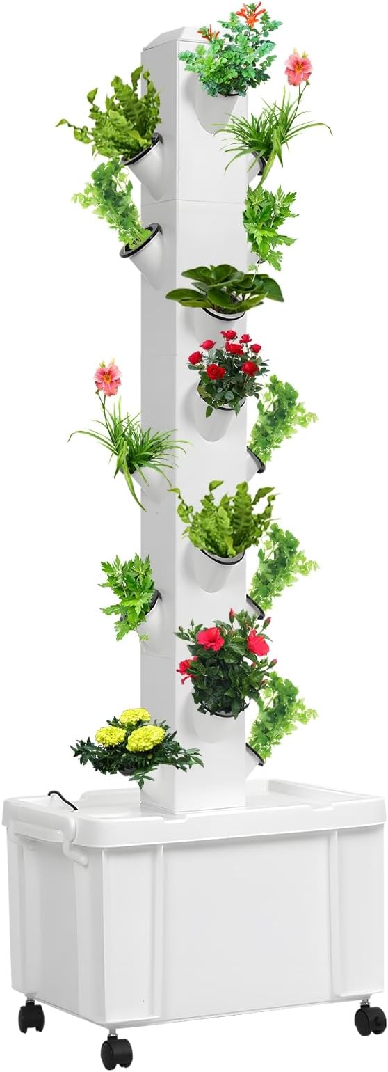 Movable Hydroponic Tower with Water Pump &amp Wheels 20-Plants Vertical Planter Tower Movable Hydroponic Growing System Kit 5 Layers Herb Garden Planter Indoor Kit for Gardening Lover White 1