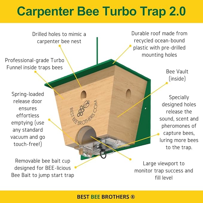 Best Bee Brothers Turbo Trap 2.0 Professional-Grade Carpenter Bee Trap for Outside with Bee Vault Large Viewport &amp Spring-Loaded Door 4.1” W x 4.8” H x 5.9” D (2 Pack)